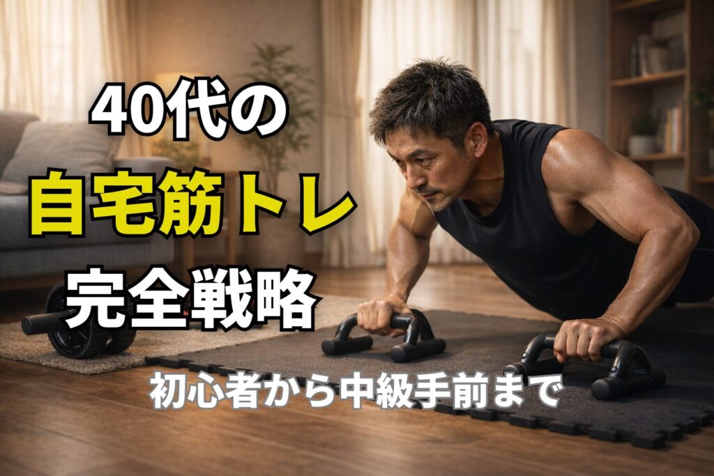 40代男性が自宅でプッシュアップバーを使って腕立て伏せをしている自宅筋トレのイメージ