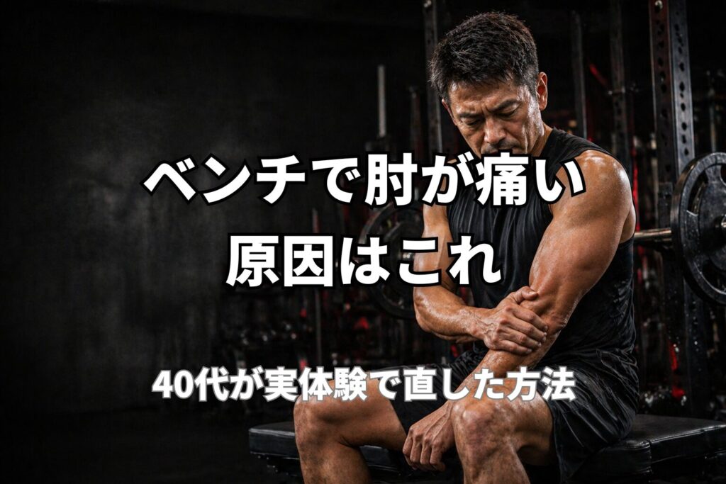 ベンチプレスで肘が痛くなる原因とフォーム修正の重要性を表現したPower at 40の記事用アイキャッチ画像