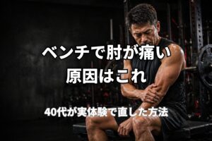 ベンチプレスで肘が痛くなる原因とフォーム修正の重要性を表現したPower at 40の記事用アイキャッチ画像