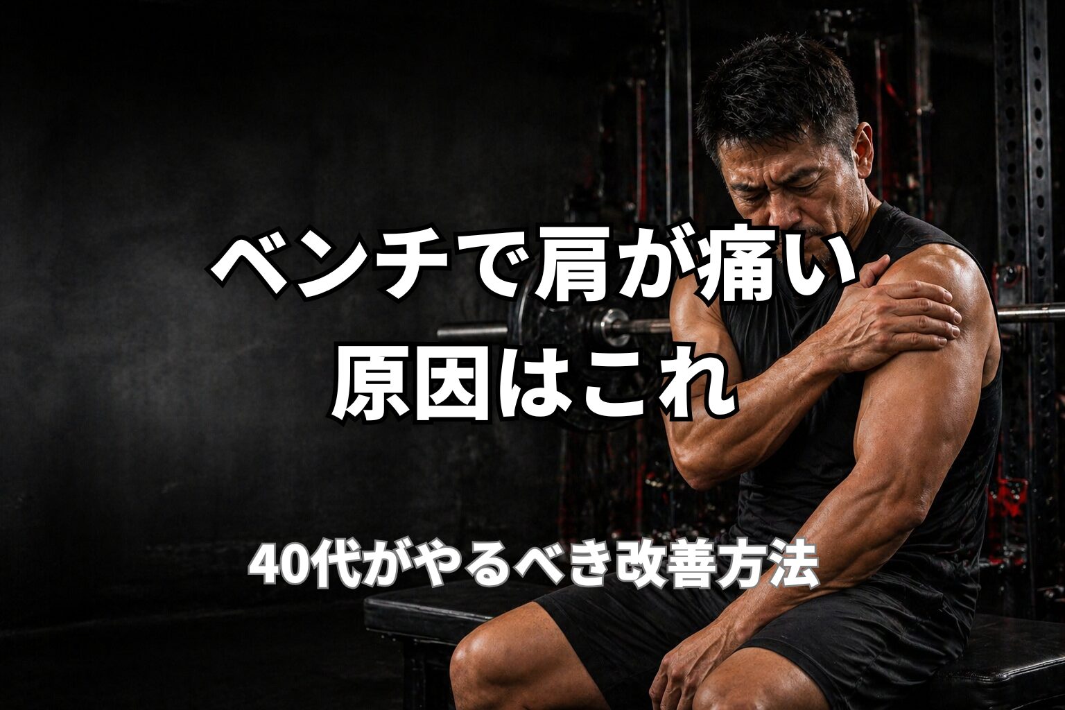 ベンチプレスで肩が痛くなる原因とフォーム修正の重要性を表現したPower at 40の記事用アイキャッチ画像