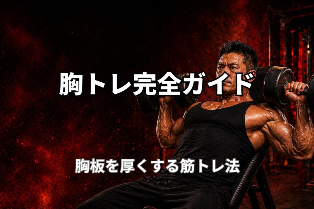 40代の胸トレ完全ガイドと胸板を厚くする筋トレを表現したPower at 40の記事用アイキャッチ画像