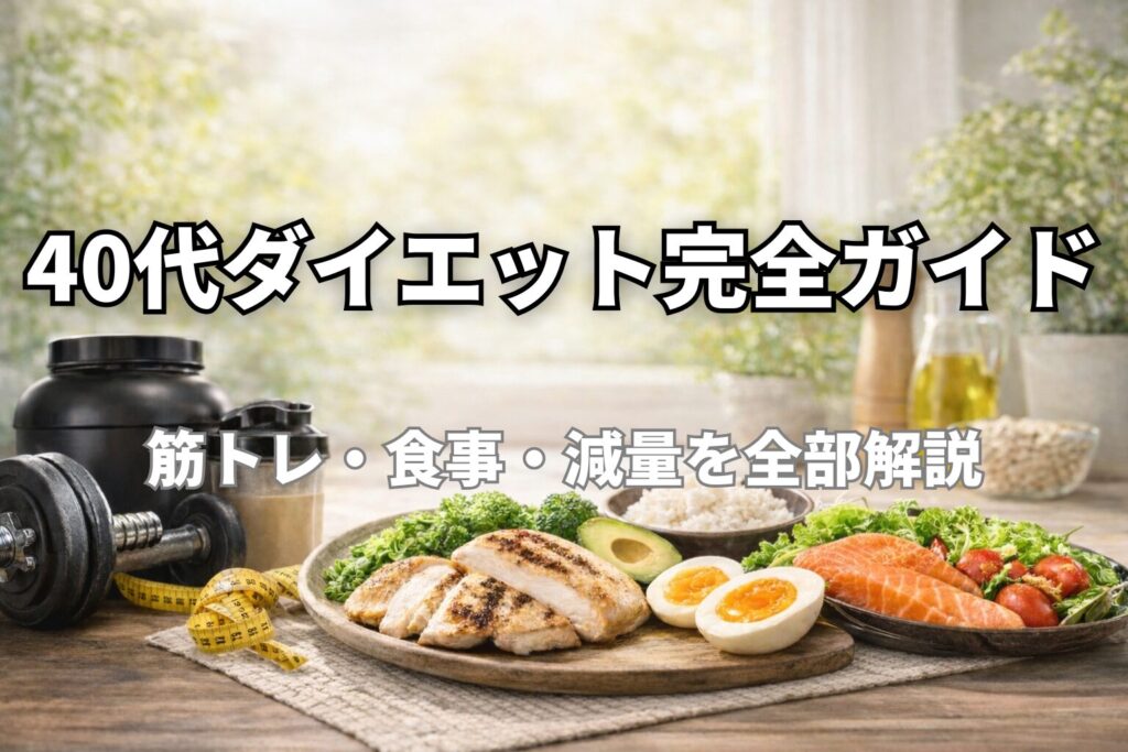 鶏胸肉・卵・サーモン・野菜などを組み合わせたバランスの良い食事と筋トレ器具（40代のダイエット完全ガイド）