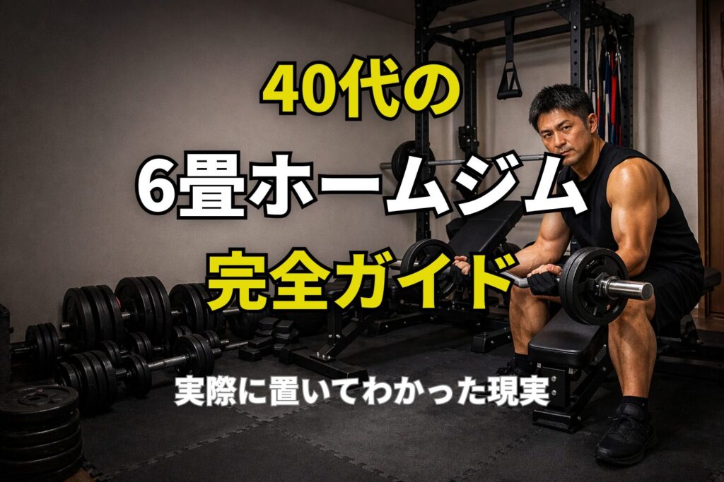 6畳の部屋にダンベルやベンチ、懸垂ラックを置いた40代向けホームジムのイメージ