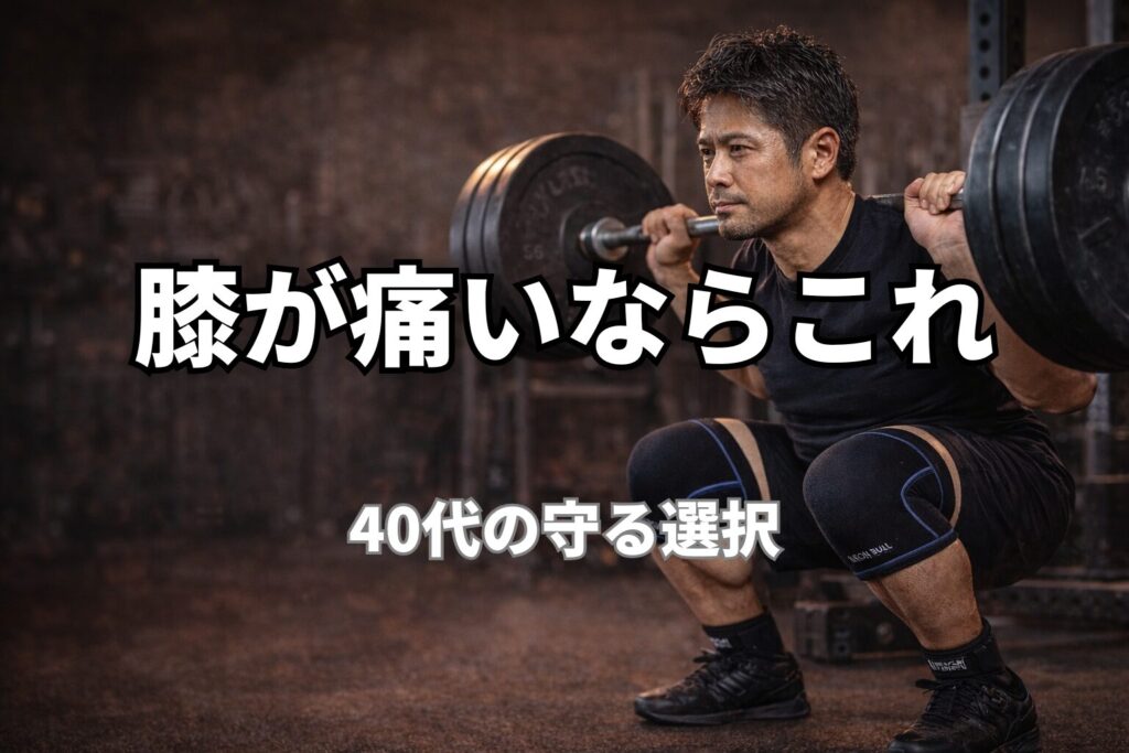 スクワット時にニースリーブで膝をサポートしている様子（40代の膝痛対策）