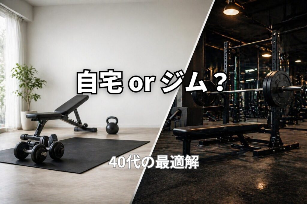 40代が自宅トレとジムのどちらを選ぶべきか比較するPower at 40の記事用アイキャッチ画像