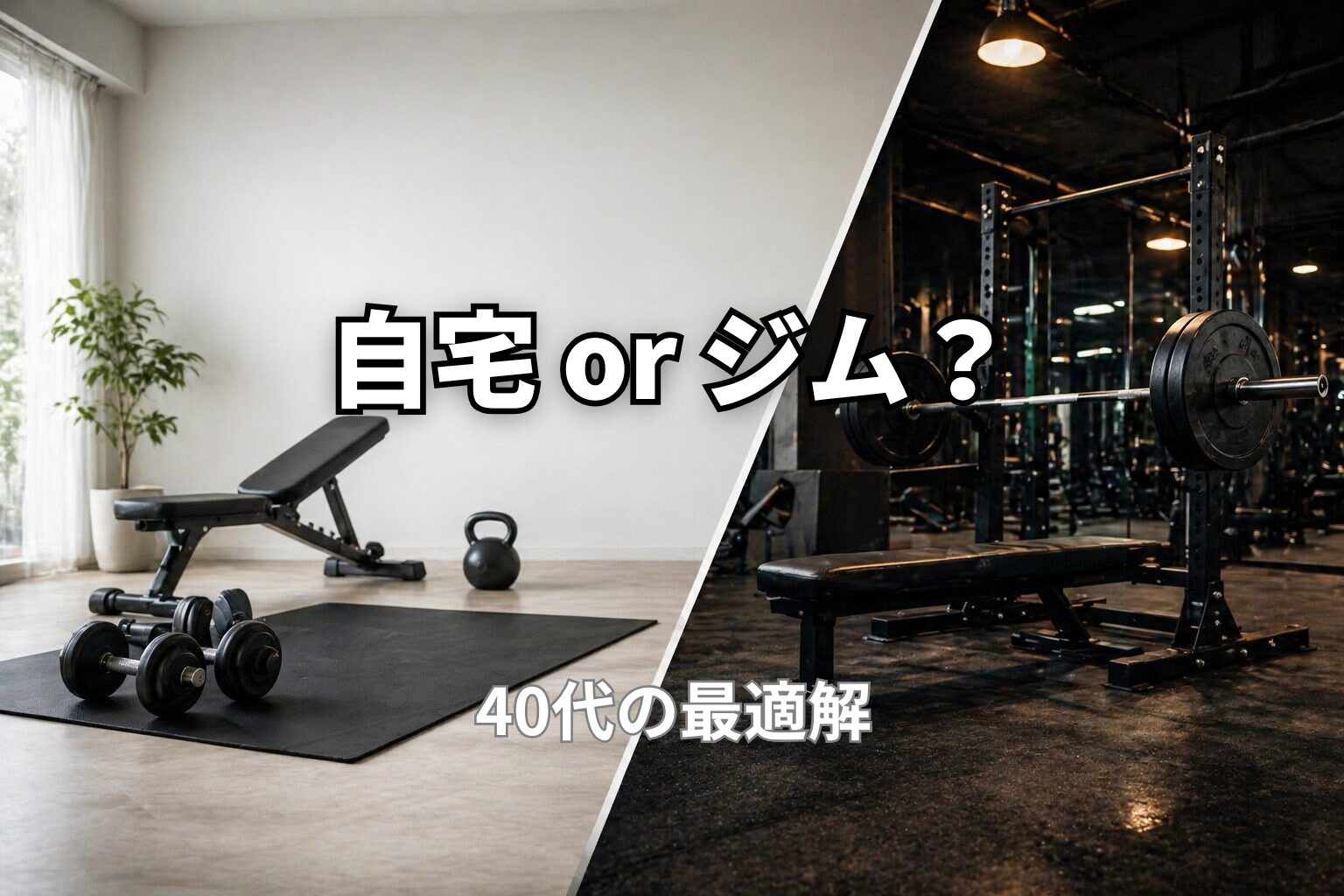 40代が自宅トレとジムのどちらを選ぶべきか比較するPower at 40の記事用アイキャッチ画像