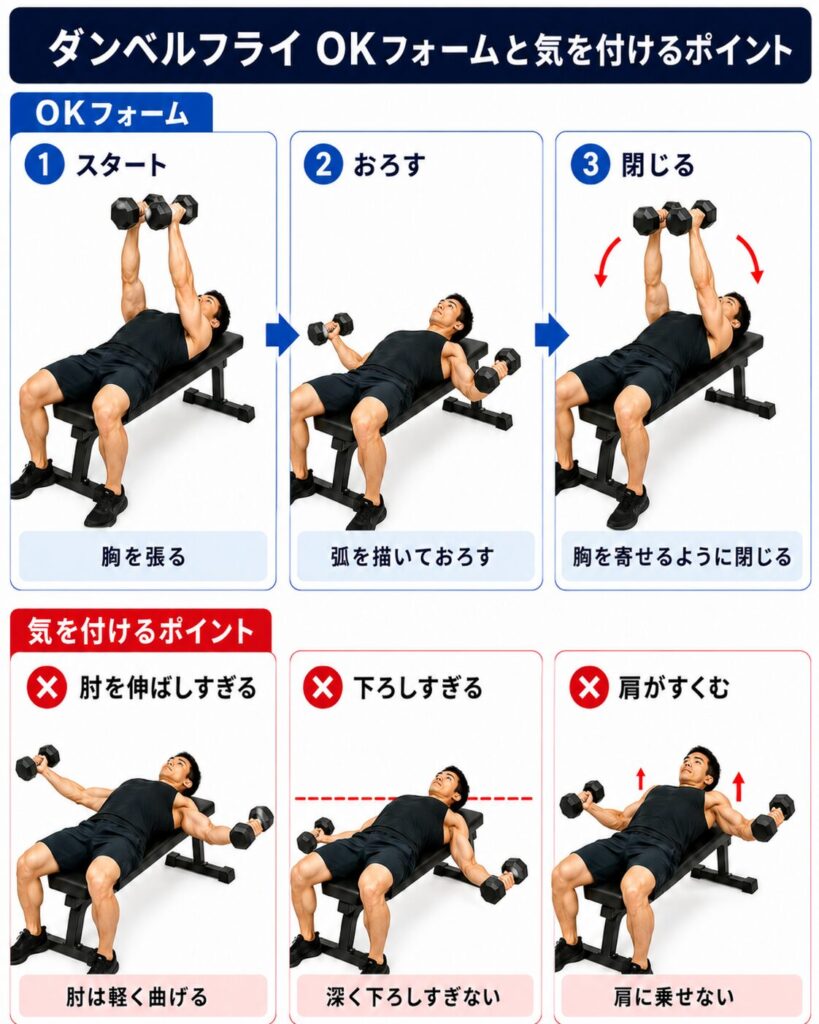 ダンベルフライのOKフォームとNGフォーム。気を付けるポイントを説明。