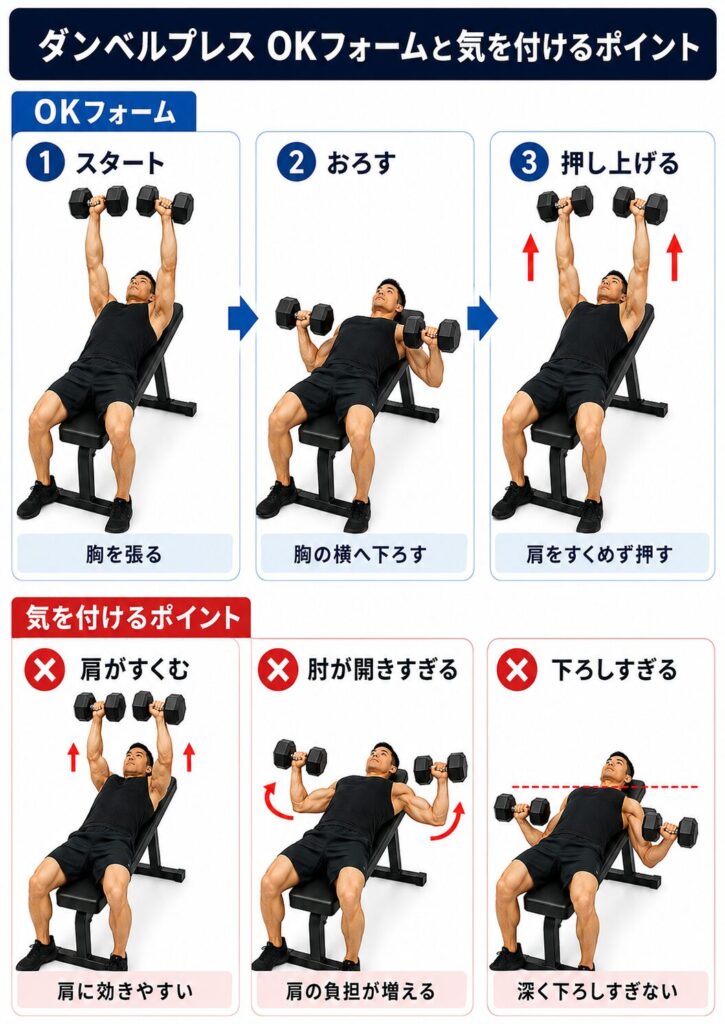 ダンベルプレスのOKフォームとNGフォーム。気を付けるポイントを説明。
